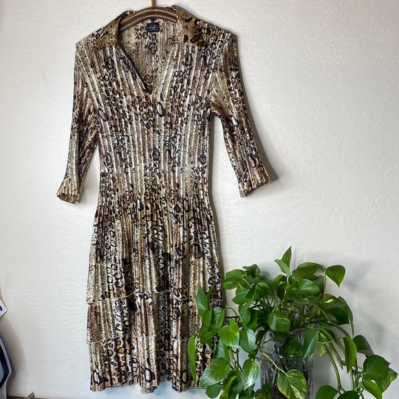 magic scarf Dresses & Skirts - Mini Pleats leopard print layered Collared dress
